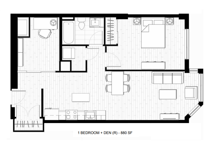 Floor plan for 1 bed, 1 bath, 880 sqft
